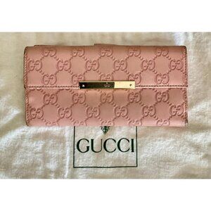 Gucci Pink Leather Wallet With Signature GG Pattern & Multiple Card Slots